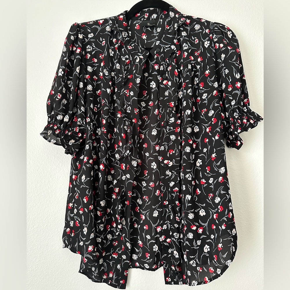 WORTHINGTON Top Shirt Blouse Black Multicolor Floral Career V-neck Button Sz M